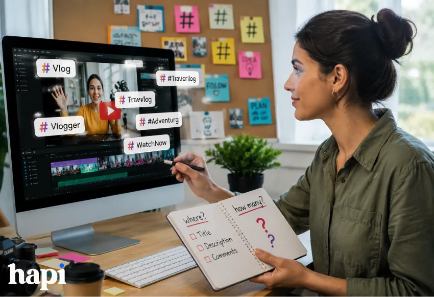 A woman checking YouTube, figuring out how many hashtags to use