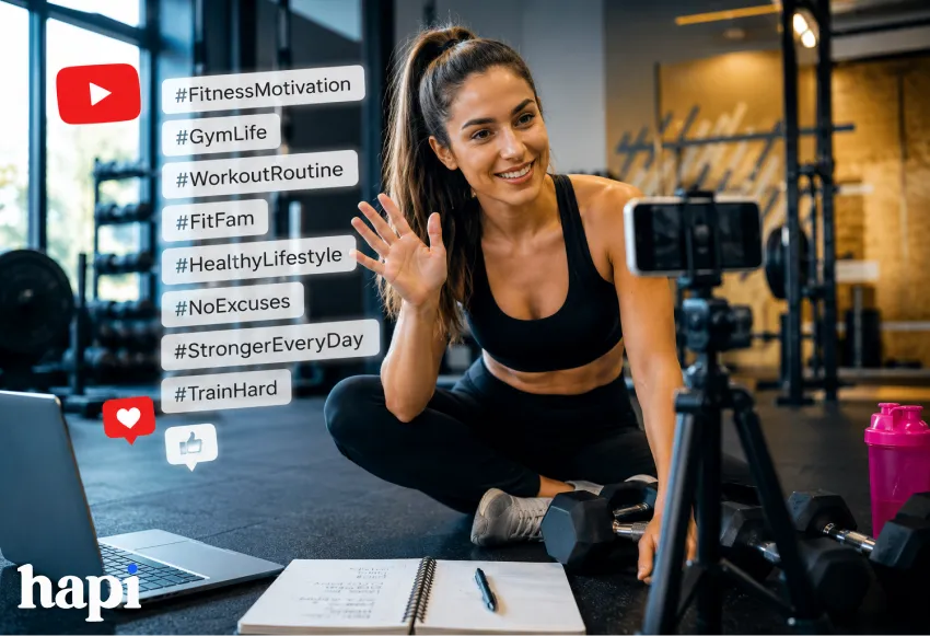 A fitness influencer filming in a gym with multiple hashtags listed beside her