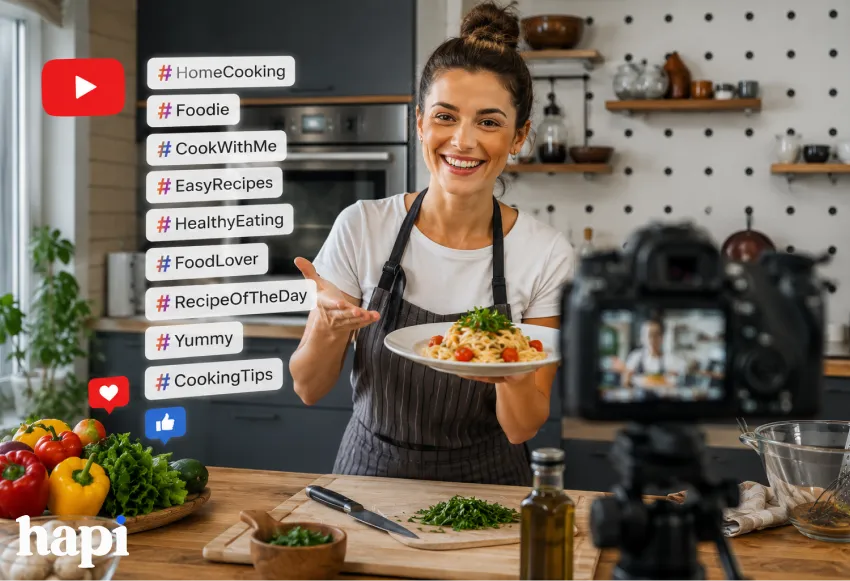 A woman in the kitchen filming a video with a plate of food with a list of hashtags beside her