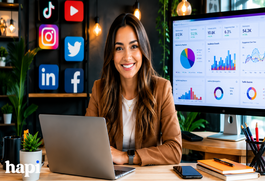 A woman at an office, with social media platform logos behind her and many different stats on a monitor