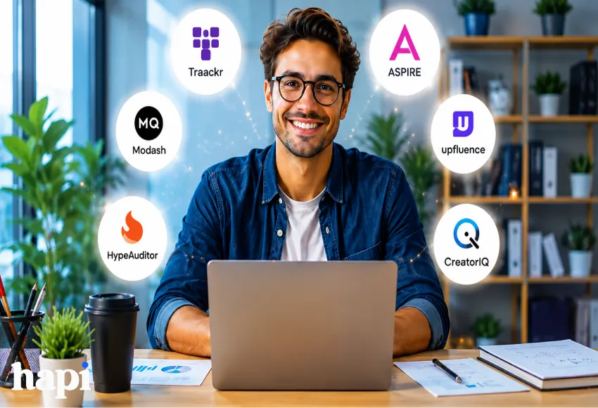 A man working with his laptop with different Influencer Discovery Platform logos floating around him
