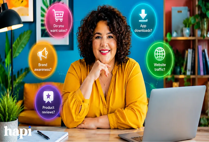 A curly haired woman in an office with different questions floating around her